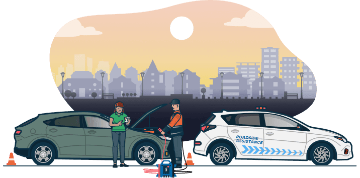 A roadside assistance technician helps jump start a car for a motorist in a city.